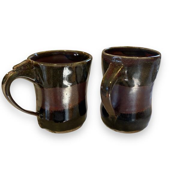 Pair of Unique Handmade Brown Maroon Iridescent Glazed Coffee Tea Mugs Crunchy - Picture 15 of 16